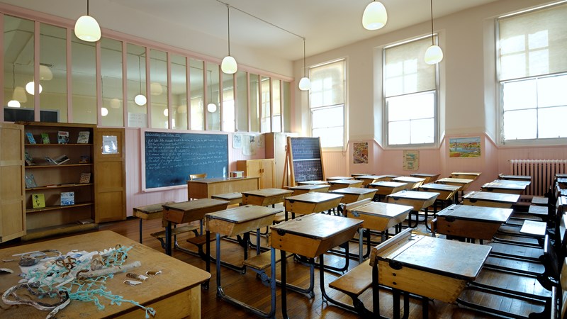Photograph showing a recreation of a classroom in Scotland Street School Museum.