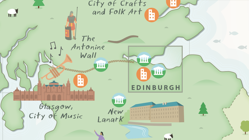 Excerpt of a UNESCO map of the UK showing all their destinations. This section focuses in on Glasgow and the central belt of Scotland. 