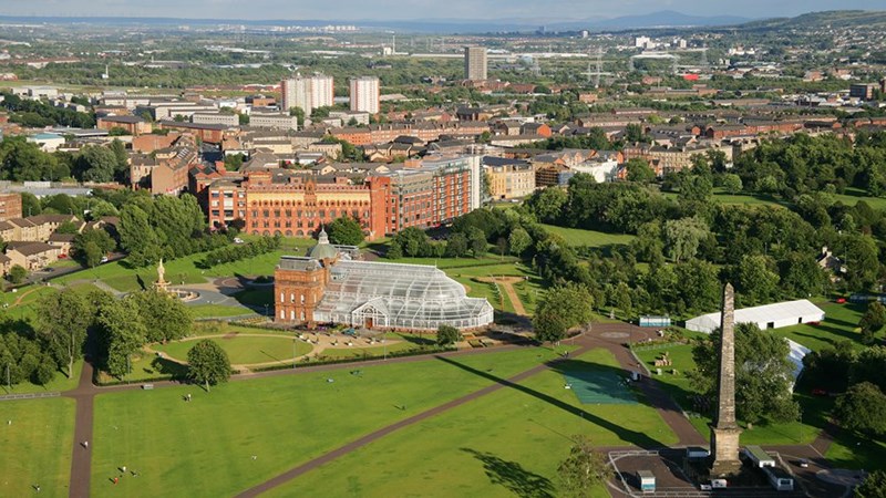 Glasgow Green from above. The image shows the park, People's Palace and Glasgow's East End in the distance.