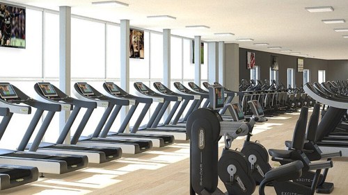 Rows of treadmills and bikes in gym