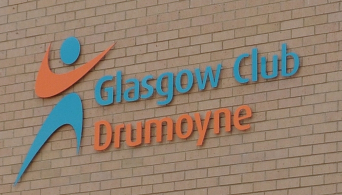 Glasgow Club Drumoyne Leisure Centre orange and blue sign