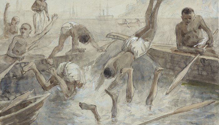 Watercolour depiction of nine divers around a pool, on the shore. Two figures wave on the left hand side. 5 figures are diving into the water. Some figures sit on the side. Some boats and oars are also in the scene. 