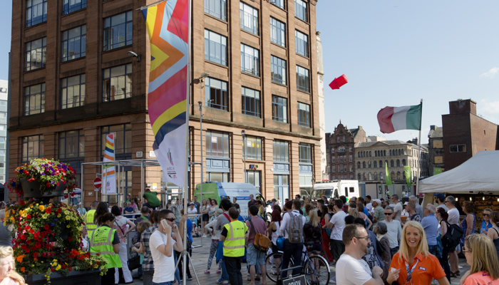 Crowds attending the 2014 Merchant City Festival on a sunny day.