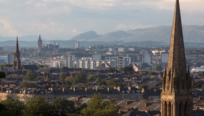 Hilltop view over the city of Glasgow on a sunny summer's evening