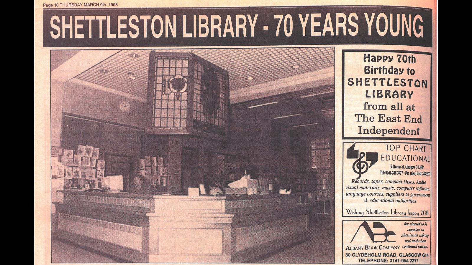 Newspaper article with headline "Shettleston Library - 70 years young. Photograph of library reception desk