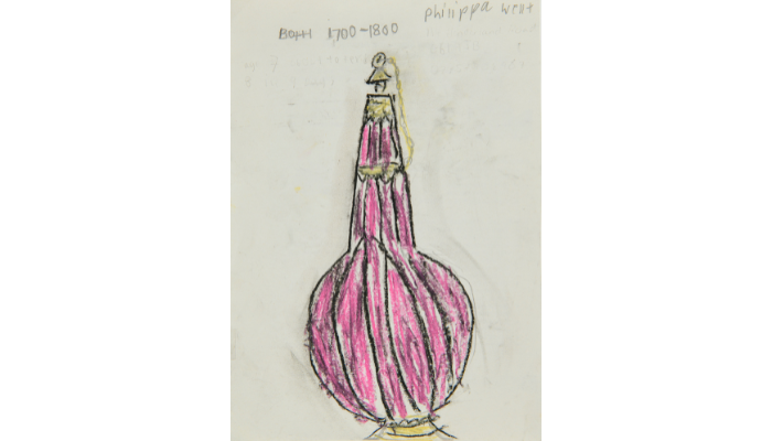 drawing of pink vase with black markings on surface