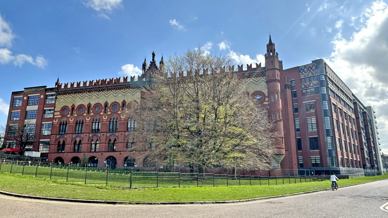 Photograph showing the outside of Templeton's Carpet Factory on Glasgow Green.