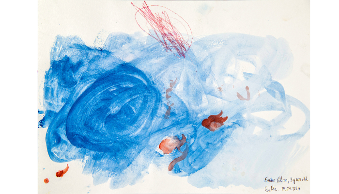 child's painting with blue and red marks