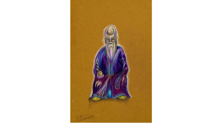 drawing of figurine with blue cloak and beard