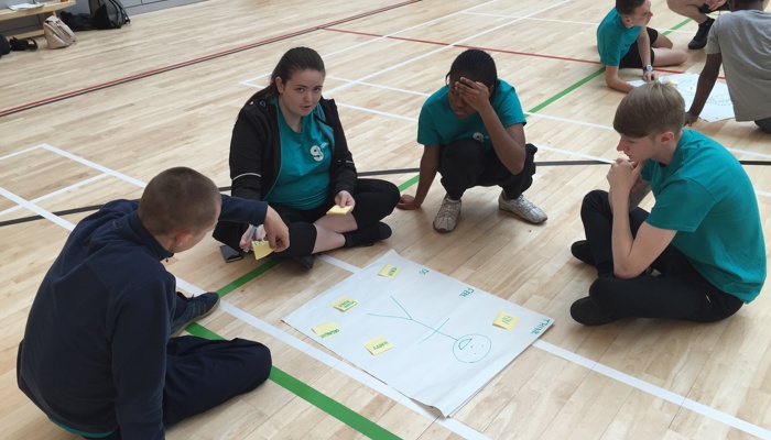 group of people sitting on sports hall floor with a large sheet of paper in front of them with sticky notes on it