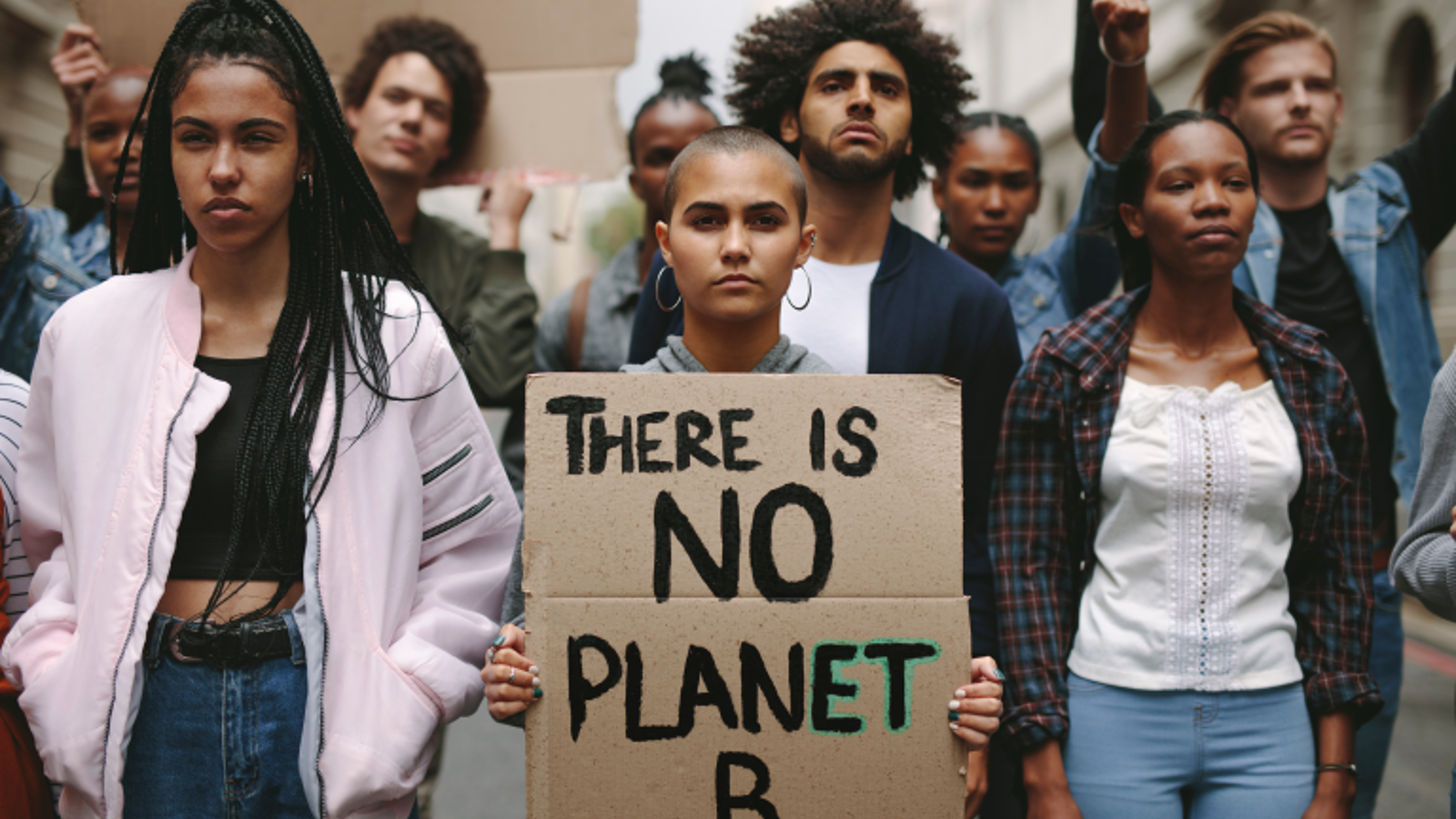 photograph showing people at a mock protest rally. one person holds a sign reading "there is no planet B"