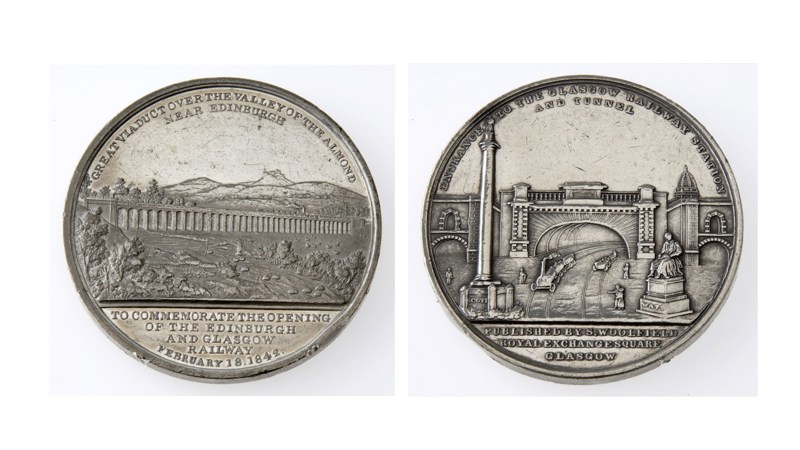 two sides of a coin, both showing low relief impressions of elaborate buildings.