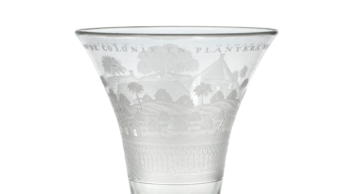 Detail of Suriname glass engraving showing plantation fields