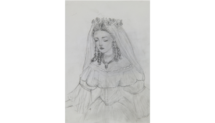 pencil portrait of a female wearing veil on head