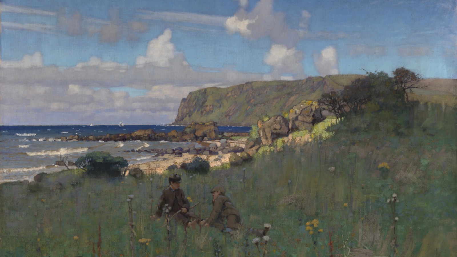 a painting showing two children sitting in the grass in a large bay with hills to the rear and sea and sky to the top and left.