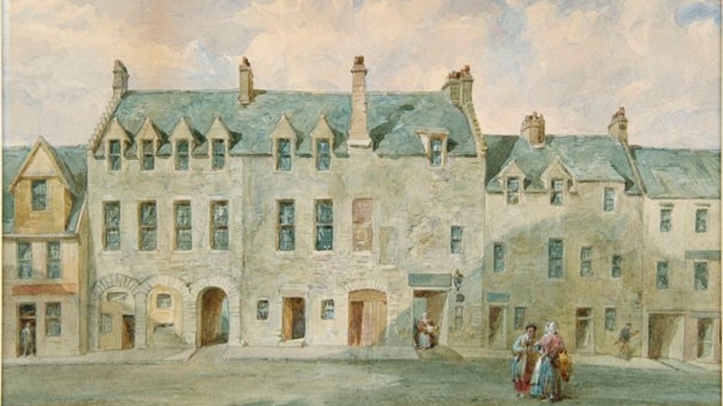 a small painting showing a row of white houses with grey slate roofs