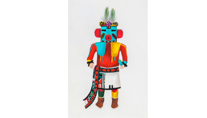 drawing of masked figure wearing ceremonial dress