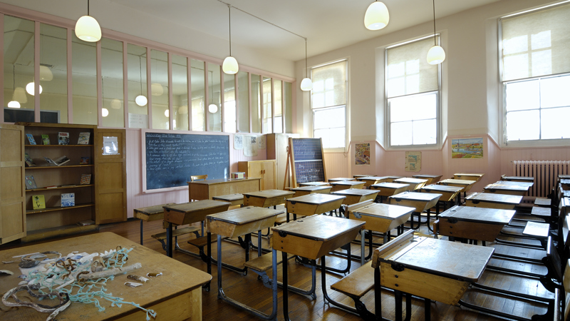 Photograph showing a recreation of a classroom in Scotland Street School Museum.