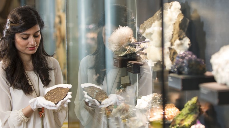 A person handling a rock from the collection. They are wearing a white outfit and are handling the exhibit wearing white gloves. There are rocks and gemstones in the glass exhibition cases in the background.