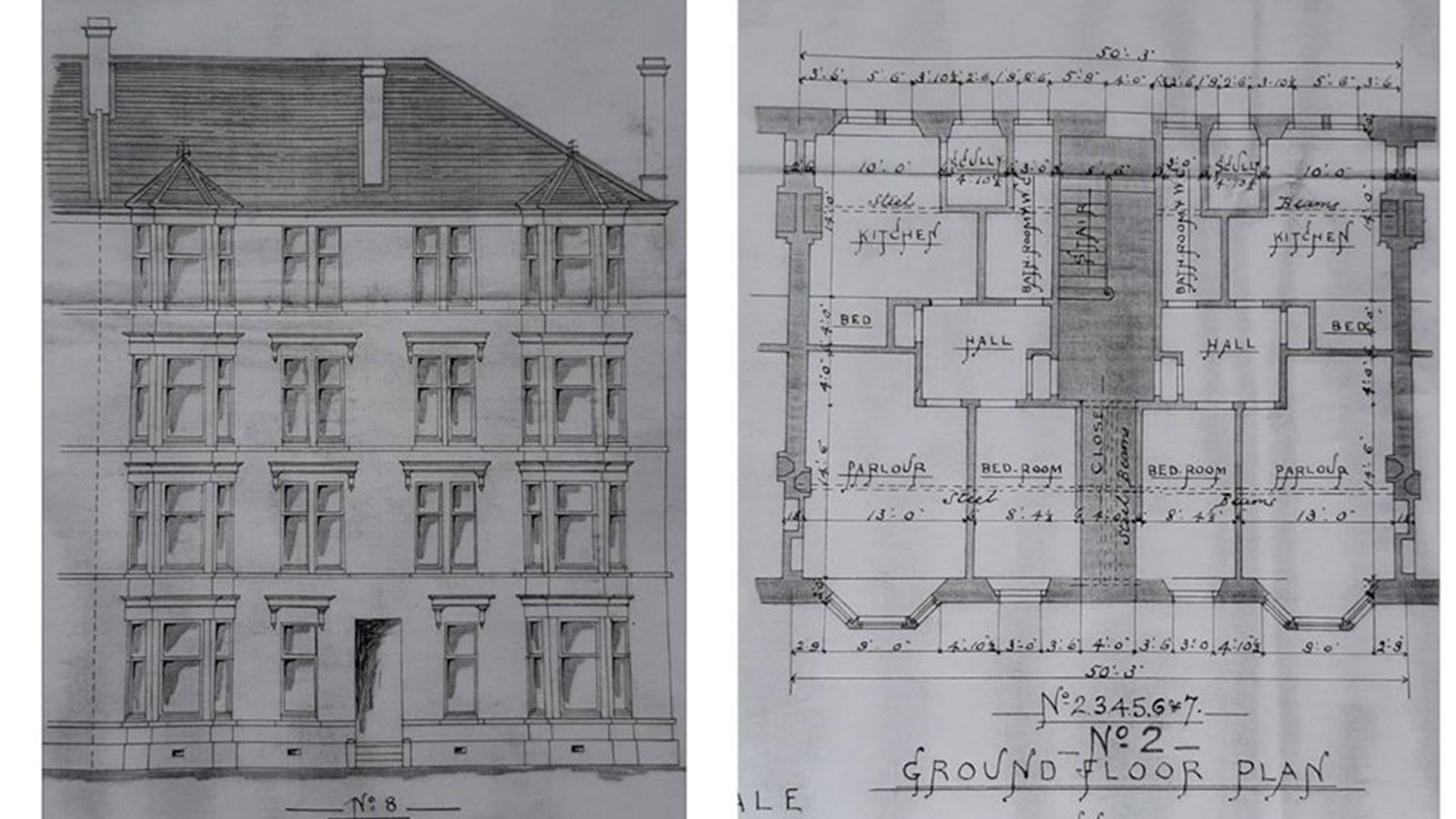 A drawing of a housing plan including front elevation and ground floor plans, drawn in pencil on white paper.