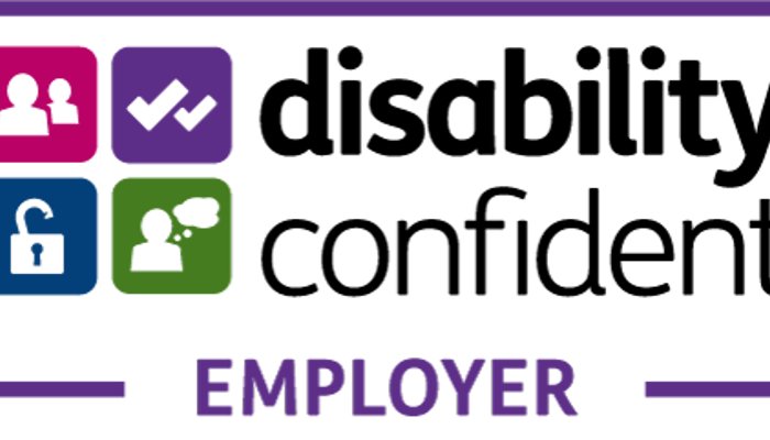 Purple rectangle with the words "Disability Confident Employer" in white text. Inside the rectangle are four smaller colored squares, each with a different symbol: a person with a tick, a lock, a person with a speech bubble, and a person with a walking stick.