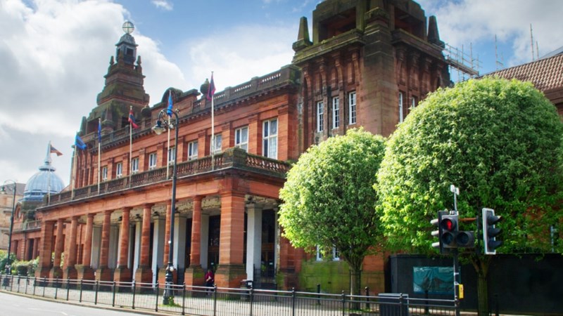 The front façade of Kelvin Hall, it is an impressive sandstone building