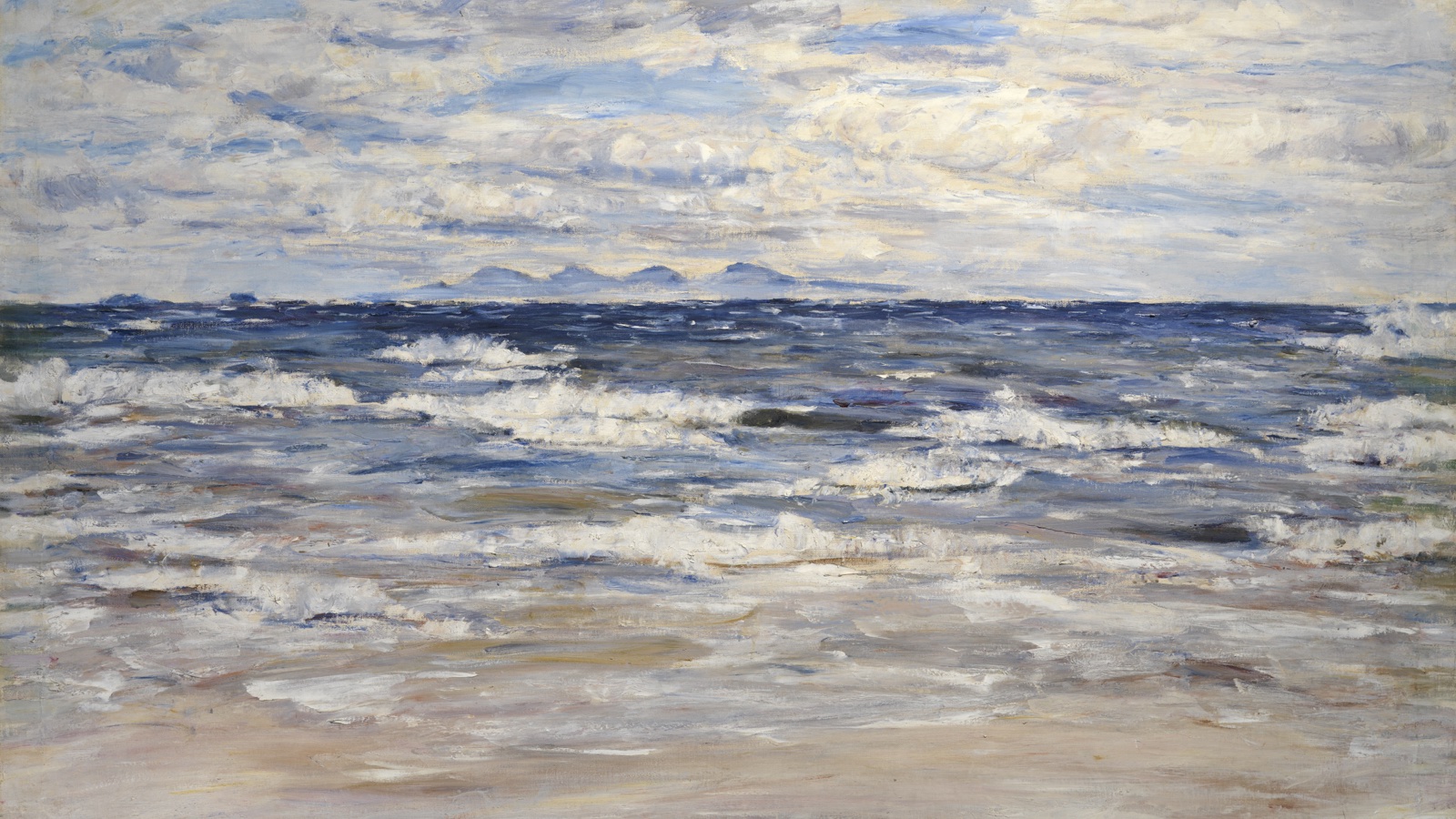 a painting of a beach scene with waves rolling in onto the sad under a cloudy sky.