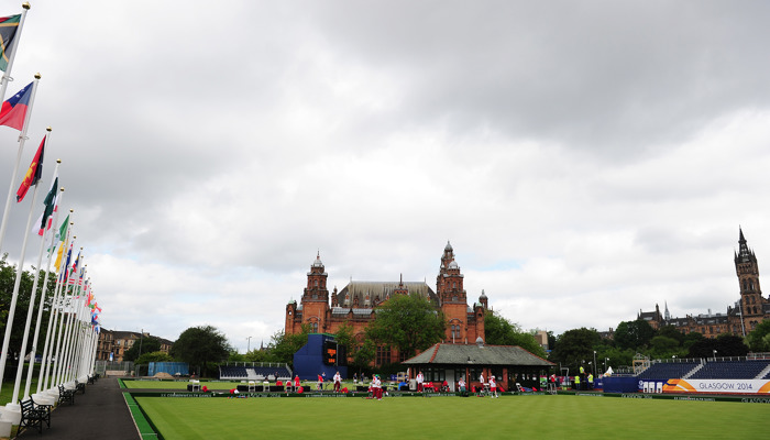 A ground level view of the greens and stands at Kelvingrove during the Glasgow 2014 lawn bowls competition.