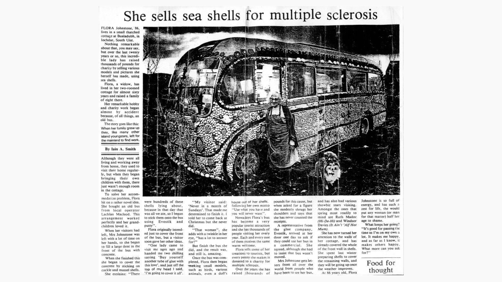 Press cutting from the Aberdeen Journal, May 1987 with the headline 'she sells sea shells for multiple sclerosis' and there is an image of Flora's bus decorated with shells.