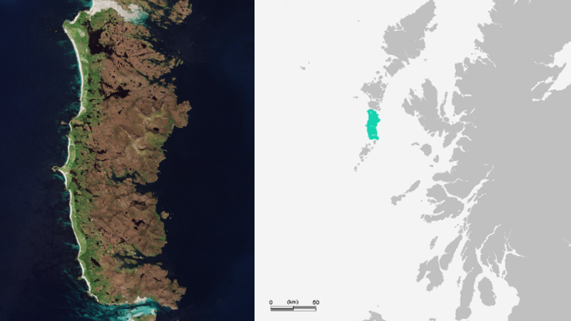 Illustration of map showing Western part of Scotland together with close up illustration showing the island of South Uist