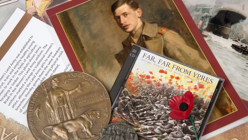 Photograph showing objects relating to World War One.