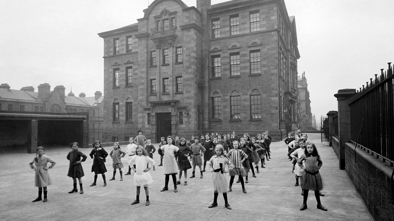 Garnetbank Public School: exterior (children at drill), 1916. Image courtesy of Glasgow City Archives 