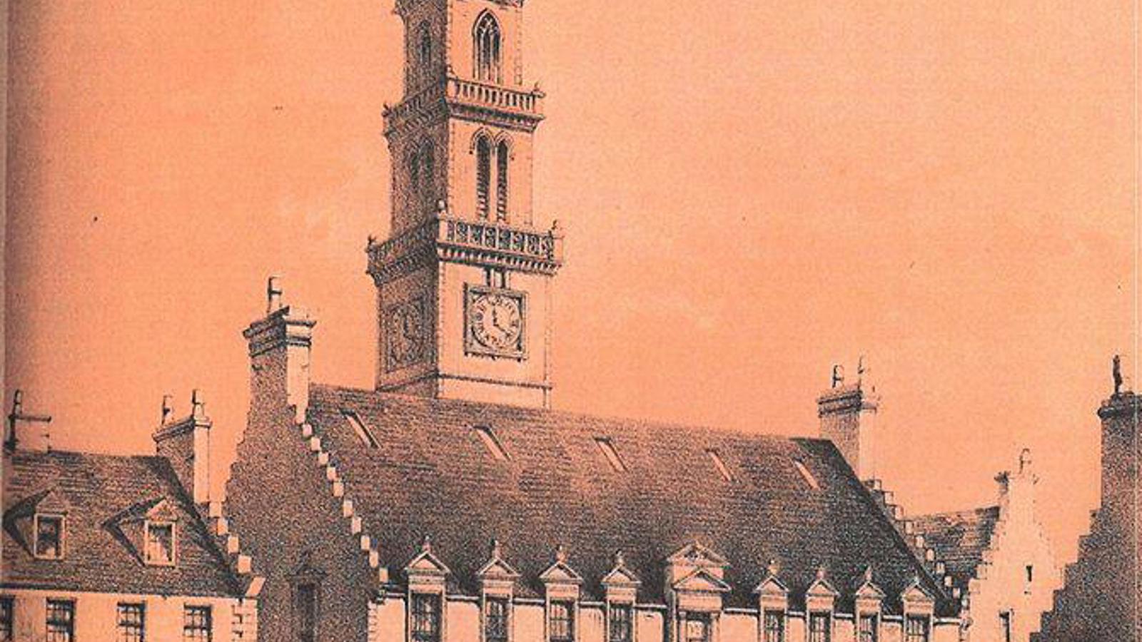 A drawing on orange-red paper of an Old Merchants' hall and steeple. It has a clock tower on the top and there are people and a dog in the courtyard with other buildings either side and opposite it..