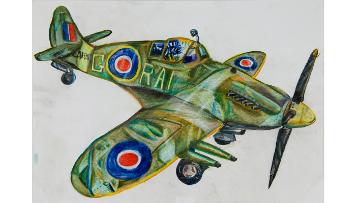 spitfire aeroplane with green and grey camouflage pattern