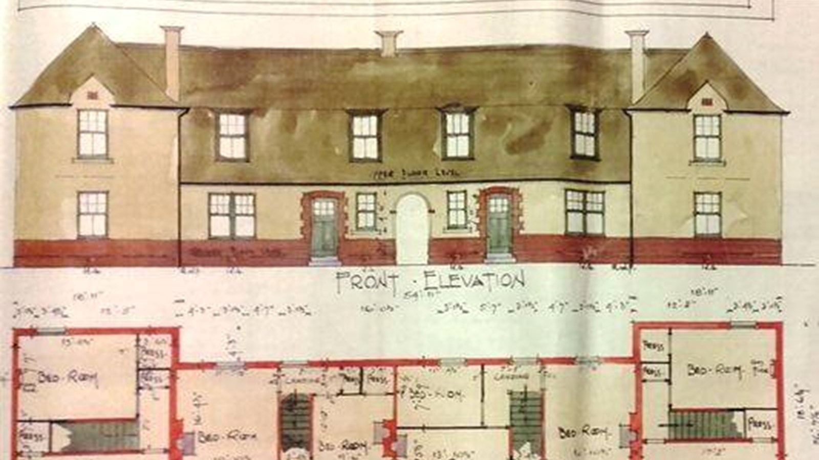 A drawing of a corporation built plan of a house in Knightswood including front elevation and floor plans.