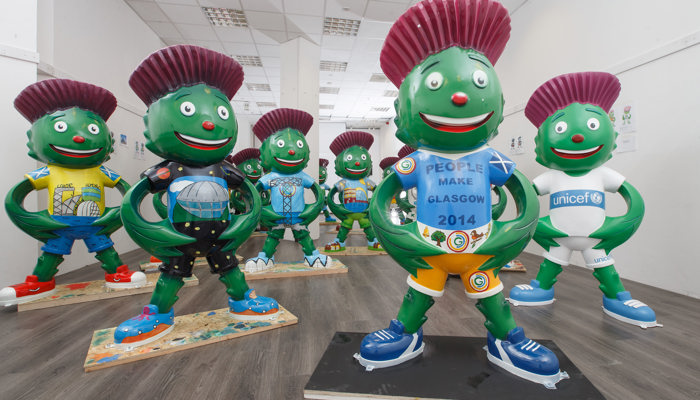 A room full of differently designed Clyde mascot statues which were part of the Clyde mascot statue trail.