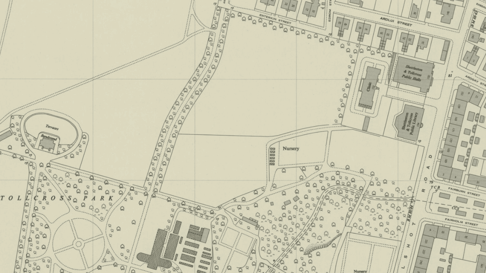 Ordnance survey map of a library next to two other buildings and a park.