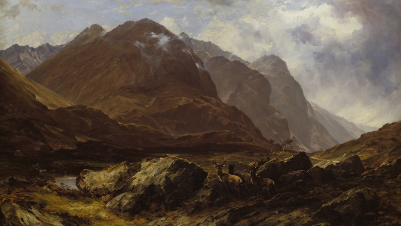 a dramatic painting of a glen in the Highlands and the mountains around.