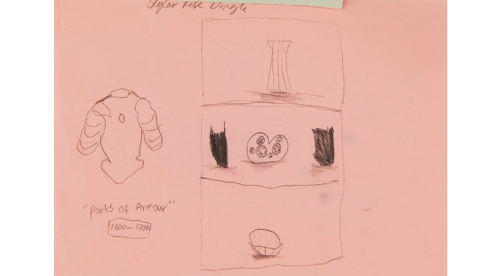 child's drawing of items from the Burrell Collection shop on a pink background