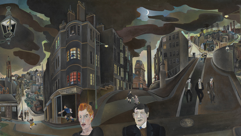 Painting of Cowcaddens Streetscape In The 50s by Alasdair Gray showing abstract versions of tenement