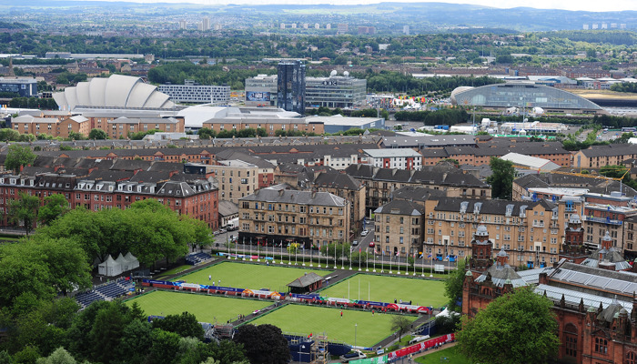 An aerial view of the bowling greens at Kelvingrove. Shown in the distance is the River Clyde, Armadillo and Glasgow Science Centre - Kelvingrove Art Gallery Museum is also on the right.