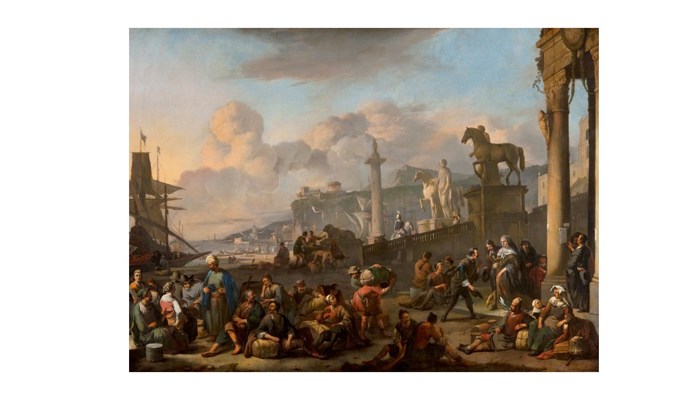 a painting of a classical scene showing statues and people gathered below the hills in a sea port.