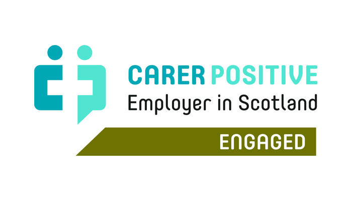 Carer Positive logo, featuring two people and a plus sign, with the text "Employer in Scotland" below and the word 'engaged'