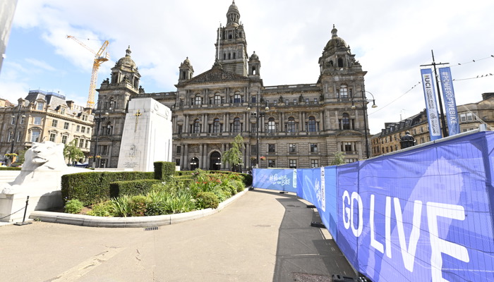 Glasgow City Chambers from the GO LIVE! fan zone in George Square during the 2023 UCI Cycling World Championships.