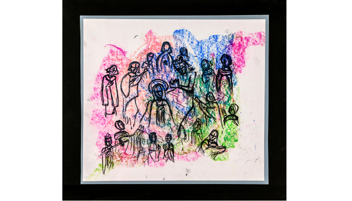 abstract drawing of figures and colours from a stained glass window