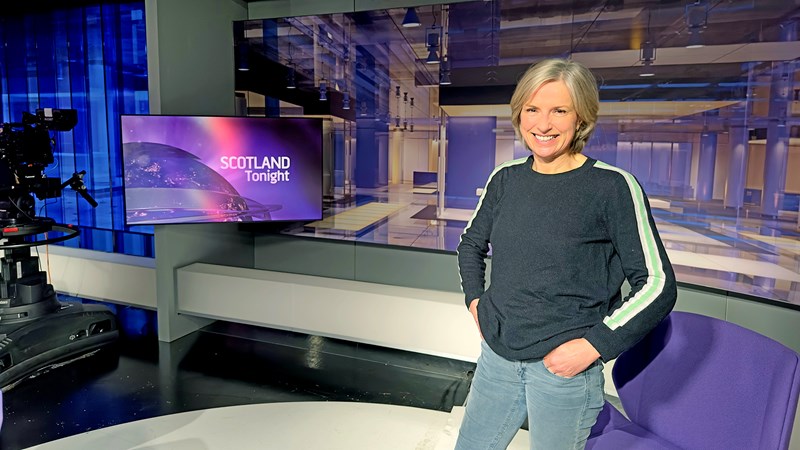 Photograph of the TV broadcast and journalist Rona Dougall inside the studio at STV