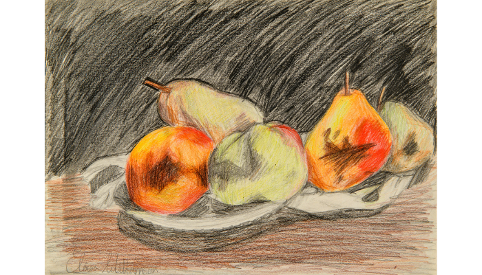 drawing of a still life with fruit in bowls 