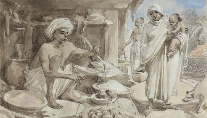 Watercolour depiction of a man weighing fruit on a scale, surrounded by bowls of fruit and grain. A woman holding a child holds a pot, as if to have it filled. A dog is in the far right. A few more figures are in the background. 