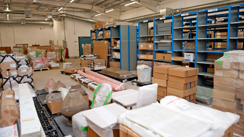 Photograph shows a large climate controlled storage room inside GMRC which object on display