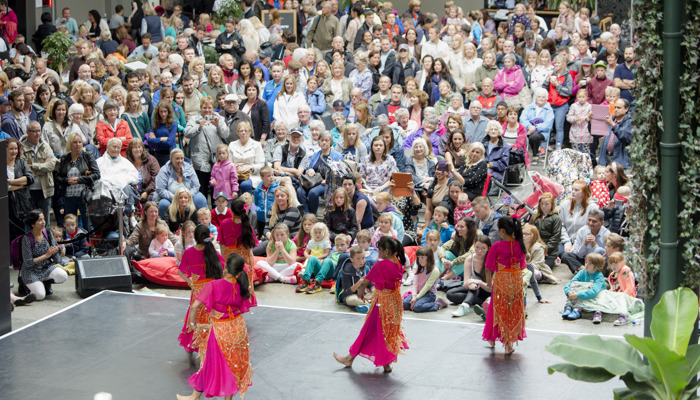 Young dancers performing in Merchant Square as part of cultural activities during the Glasgow 2014 Commonwealth Games.